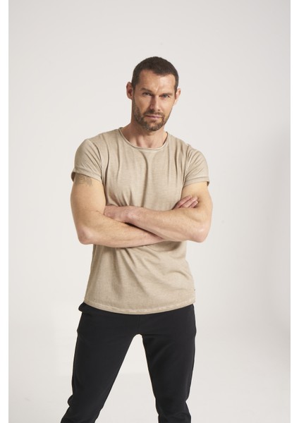 Yüksek Kalite %100 Pamuk Kumaş Arkası Uzun Erkek Tişört, Regular Fit Yağ Yıkama (Dirty Oil) Sand Tshirt NEWCES-5000-SA