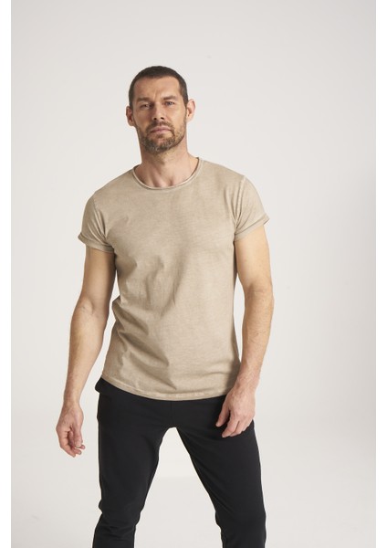 Yüksek Kalite %100 Pamuk Kumaş Arkası Uzun Erkek Tişört, Regular Fit Yağ Yıkama (Dirty Oil) Sand Tshirt NEWCES-5000-SA