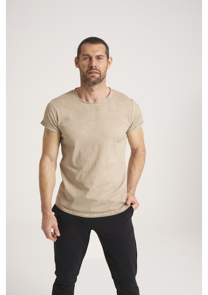 Yüksek Kalite %100 Pamuk Kumaş Arkası Uzun Erkek Tişört, Regular Fit Yağ Yıkama (Dirty Oil) Sand Tshirt NEWCES-5000-SA