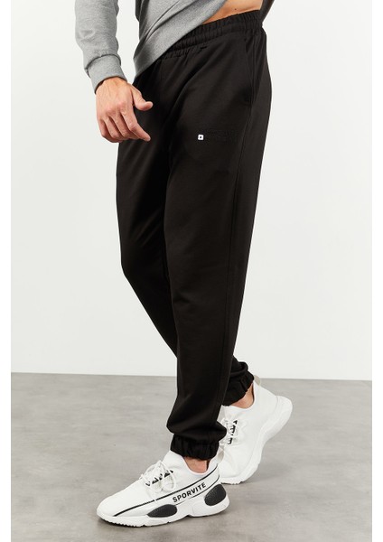 Gri Melanj - Siyah Casual O Yaka Lastik Paça Pamuklu Erkek Oversize Eşofman Takımı - 85120