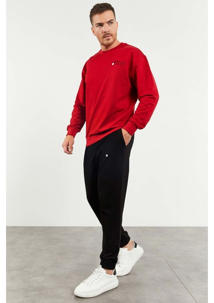 Kırmızı-Siyah Erkek Casual O Yaka Oversize Lastik Paça Eşofman Takımı - 85120