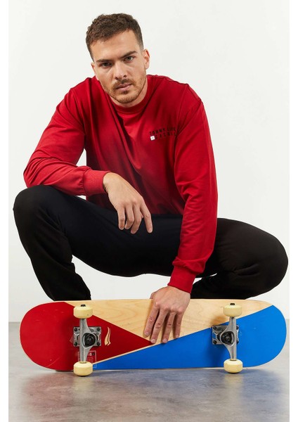 Kırmızı-Siyah Erkek Casual O Yaka Oversize Lastik Paça Eşofman Takımı - 85120