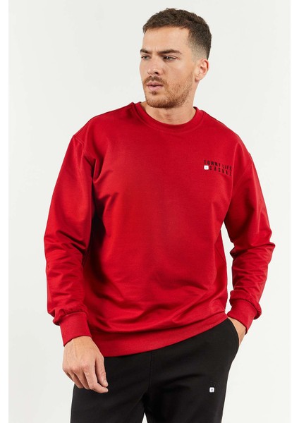 Kırmızı-Siyah Erkek Casual O Yaka Oversize Lastik Paça Eşofman Takımı - 85120
