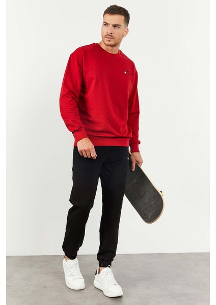 Kırmızı-Siyah Erkek Casual O Yaka Oversize Lastik Paça Eşofman Takımı - 85120