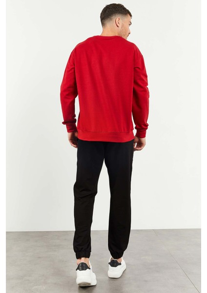 Kırmızı-Siyah Erkek Casual O Yaka Oversize Lastik Paça Eşofman Takımı - 85120