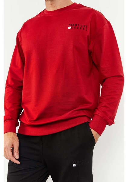 Kırmızı-Siyah Erkek Casual O Yaka Oversize Lastik Paça Eşofman Takımı - 85120