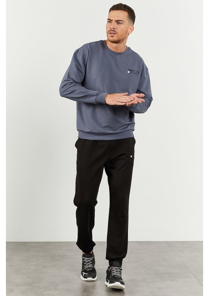 Petrol - Siyah Casual O Yaka Lastik Paça Pamuklu Erkek Oversize Eşofman Takımı - 85120