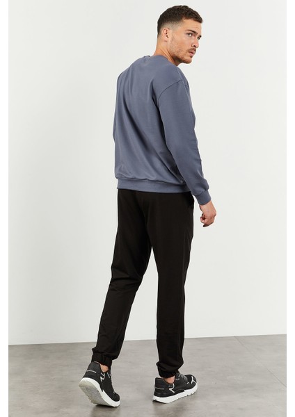 Petrol - Siyah Casual O Yaka Lastik Paça Pamuklu Erkek Oversize Eşofman Takımı - 85120