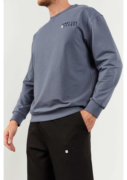 Petrol - Siyah Casual O Yaka Lastik Paça Pamuklu Erkek Oversize Eşofman Takımı - 85120