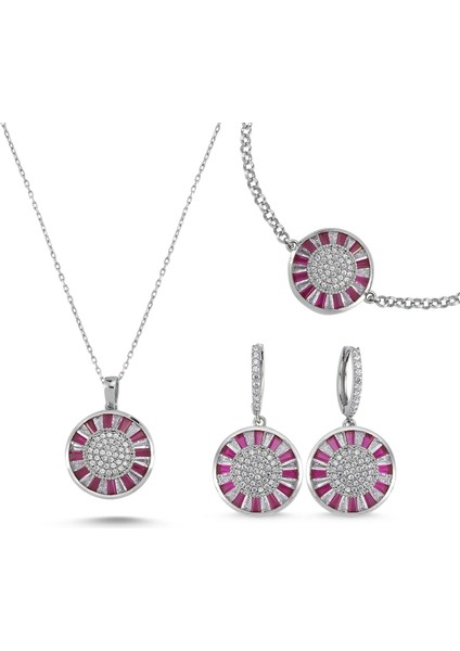 Emirgan Taşlı Pembe Beyaz Gümüş Set