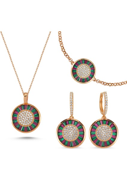 Emirgan Taşlı Yeşil Pembe Gümüş Set