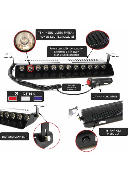 Cam İçi Vantuzlu Çakar 12 Ledli Ürün Makam Çakarı 15 Modlu