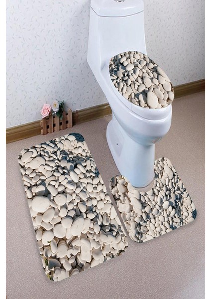 Antibakteriyel Yıkanabilir Kaymaz Dot Taban 3'lü Klozet Takımı (60CM x 100CM - 55CM x 60CM - 47CM x 50CM) İNKZ6001