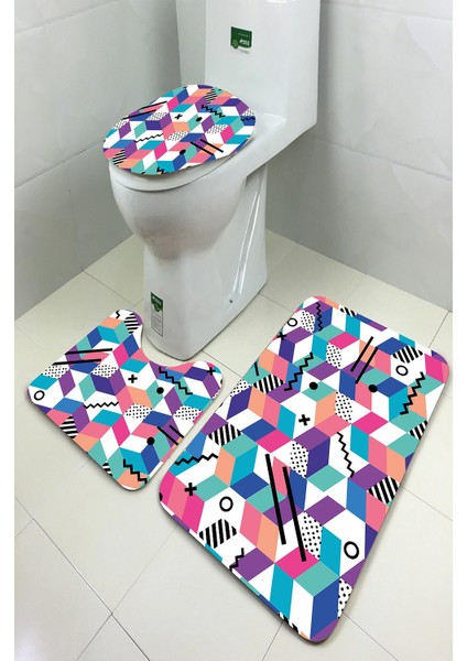 Antibakteriyel Yıkanabilir Kaymaz Dot Taban 3'lü Klozet Takımı (60CM x 100CM - 55CM x 60CM - 47CM x 50CM) İNKZ6085