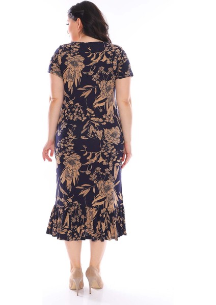 Desenli Eteği Fırfırlı Büyük Beden Elbise 23C-0951 modelleri