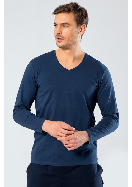 1334 Erkek V Yaka Uzun Kollu T-Shirt - Indigo fırsatları