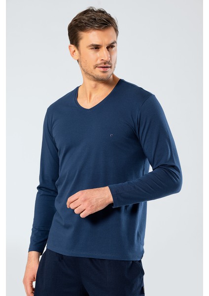 1334 Erkek V Yaka Uzun Kollu T-Shirt - Indigo indirimleri