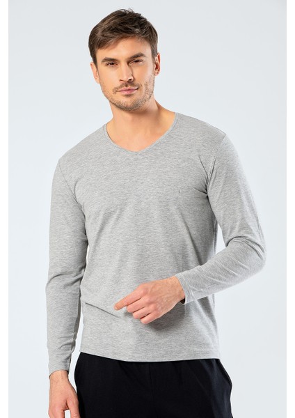1334 Erkek V Yaka Uzun Kollu T-Shirt - Gri
