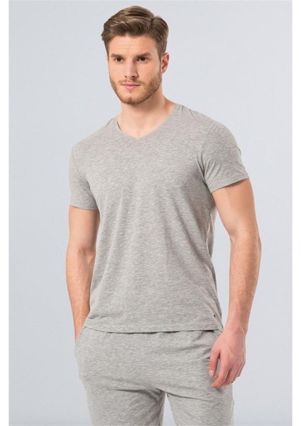 1332 V Yaka Kısa Kollu Erkek T-Shirt - Gri Melanj