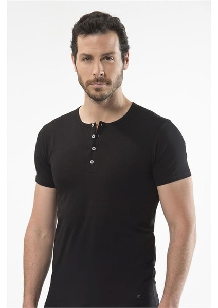 1308 Düğmeli Kısa Kollu Erkek T-Shirt - Siyah modelleri