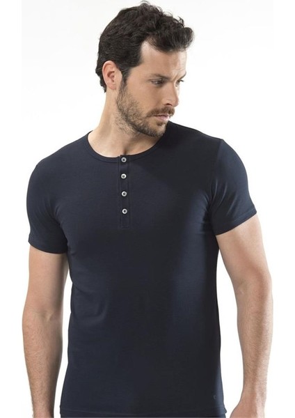 1308 Düğmeli Kısa Kollu Erkek T-Shirt - Lacivert