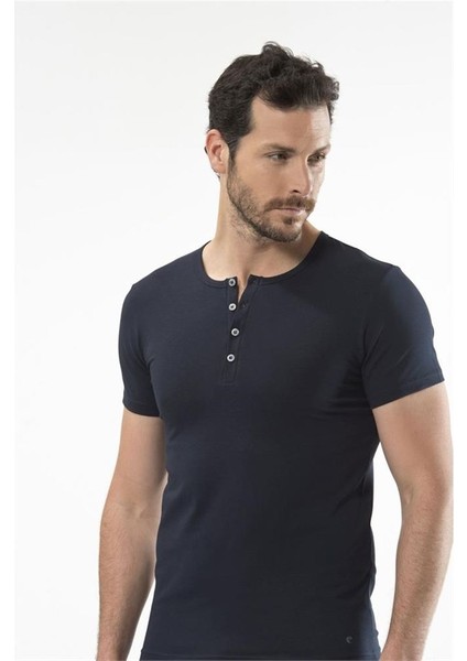 1308 Düğmeli Kısa Kollu Erkek T-Shirt - Lacivert