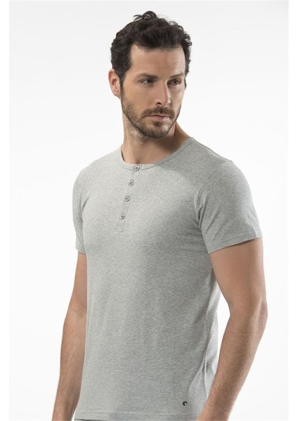 1308 Düğmeli Kısa Kollu Erkek T-Shirt - Gri Melanj