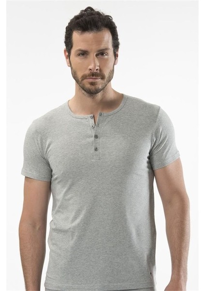 1308 Düğmeli Kısa Kollu Erkek T-Shirt - Gri Melanj fiyatları