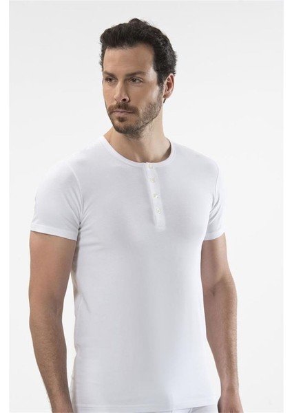 1308 Düğmeli Kısa Kollu Erkek T-Shirt - Beyaz
