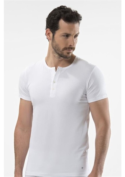 1308 Düğmeli Kısa Kollu Erkek T-Shirt - Beyaz