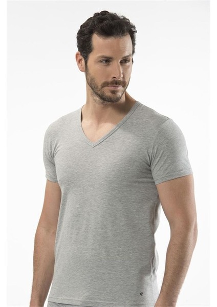 1306 V Yaka Kısa Kollu Erkek T-Shirt - Gri Melanj