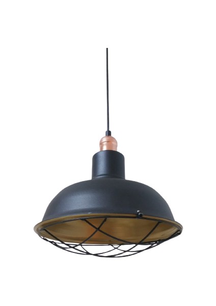Rys Retro Metal Siyah Dekoratif Bakır Duylu Kafesli Siyah Içi Gold Kafe Mutfak Avize Çap:30 cm