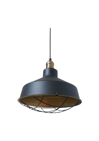 Rys Retro Metal Siyah Dekoratif Eskitme Duylu Kafesli Siyah Içi Gold Kafe Mutfak Avize Çap:30 cm