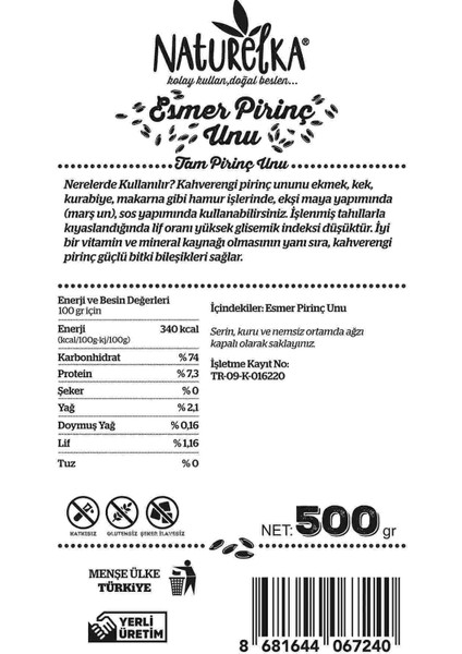 Esmer Pirinç Unu 500 gr Katkısız Glutensiz