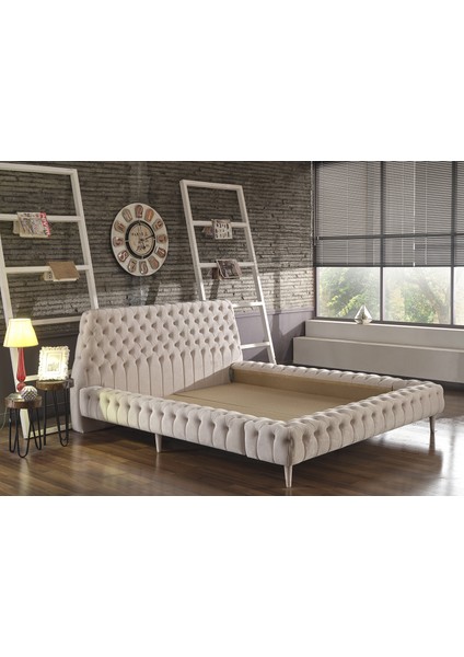 Çift Kişilik Baza Başlık Chester Set Havuzlu Sandıksız Krem
