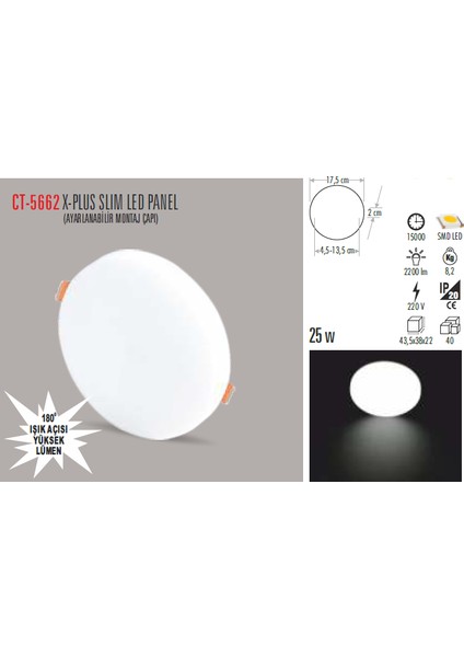 CT-5662 22W/6000K X-Plus Slım LED Panel(Beyaz) Cata