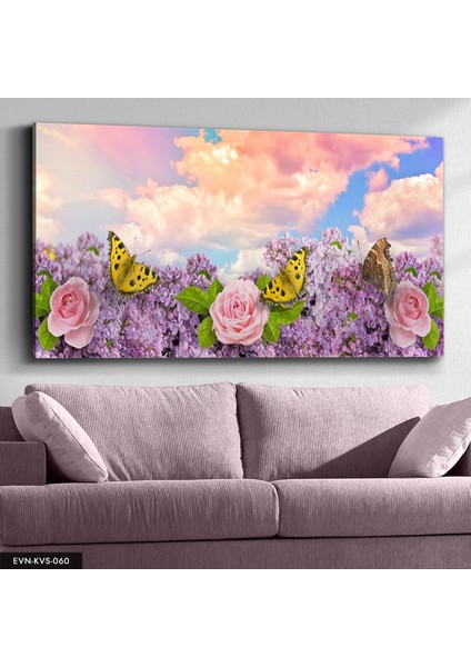 Pembe Çiçek ve Kelebekler Kanvas - Canvas Tablo