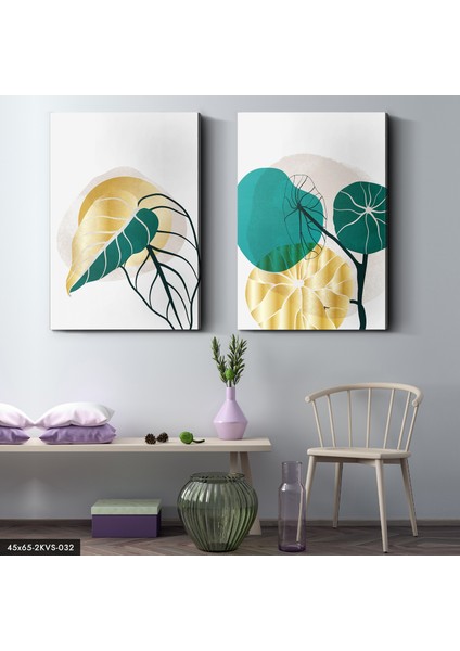 Gold Turkuaz Çizim Çiçek 2 Parça Kanvas - Canvas Tablo