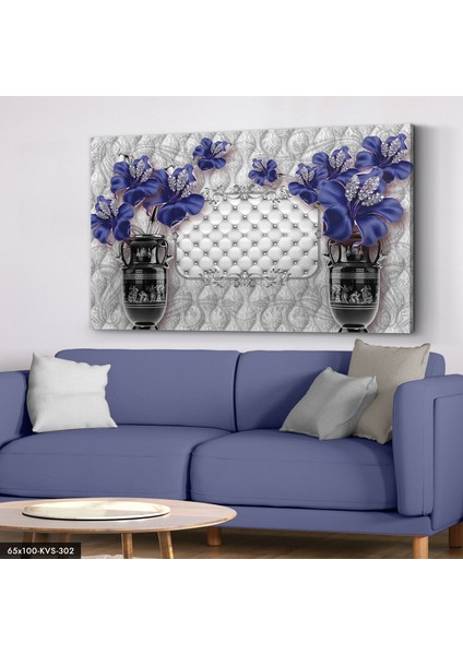 Silver Yapraklar Mor Çiçek Kanvas - Canvas Tablo