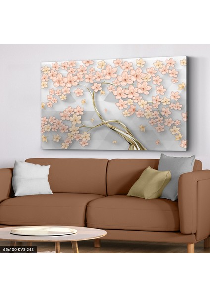 Pembe Çiçekli Gold Ağaç Kanvas - Canvas Tablo