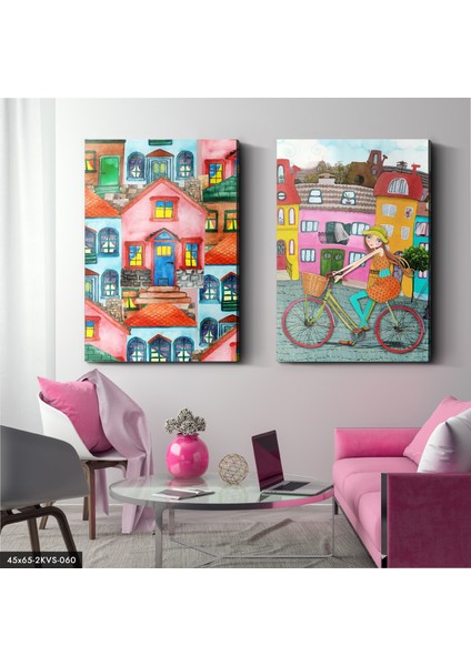 Bisikletli Kız 2 Parça Kanvas - Canvas Tablo