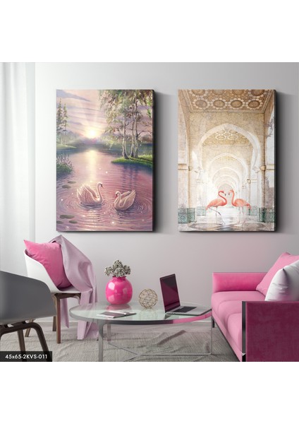Flamingo Kuğu Gölü 2 Parça Kanvas - Canvas Tablo
