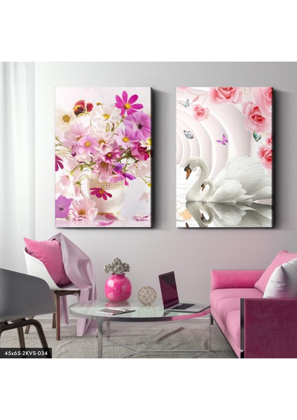 Kuğu Çiçekler 2 Parça Kanvas - Canvas Tablo