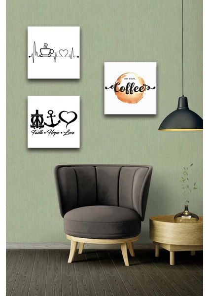 3 Parça Cafe Aksesuar Desenli Mdf Duvar Tablosu