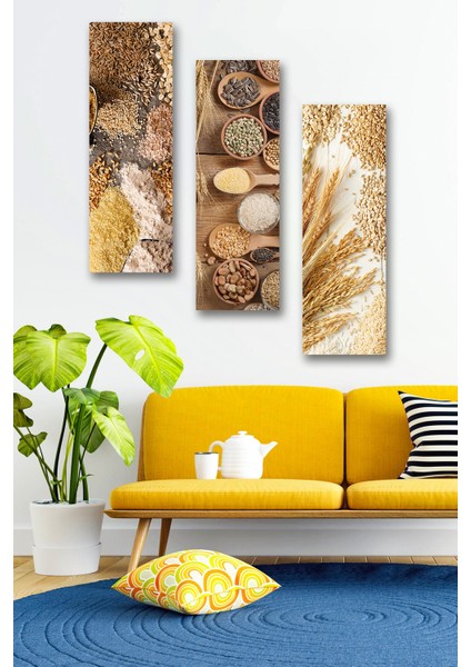 3 Parça Arpa Buğday Hububat Desenli Mdf Duvar Tablosu