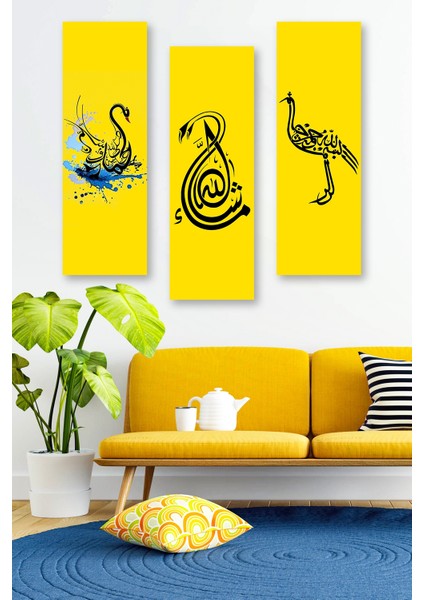 3 Parça Sarı Dini Motifler Desenli Mdf Duvar Tablosu