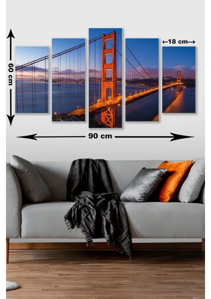 5 Parça Golden Gate Köprüsü Desenli Mdf Duvar Tablosu