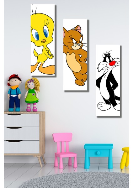 3 Parça Çizgi Kahraman Desenli Mdf Duvar Tablosu