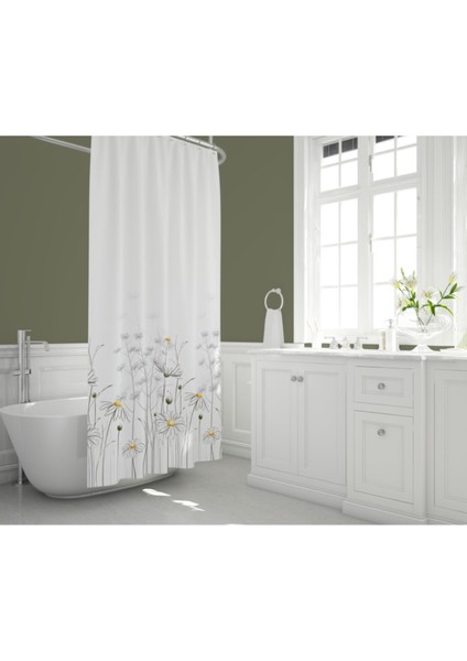 Troopikhome Banyo Perdesi Papatya Çiçek Desen Duş Perde Su Geçirmez Küvet Perde 180X200 Duş Perdesi 12 C-Halkalı 8441 Daisy