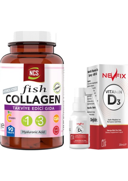 Balık Kollajen Type 1-3 Cla Biotin Çinko Collagen Hyaluronic Acid 90 Tablet & Nevfix Vitamin D3 Sıvı Sprey